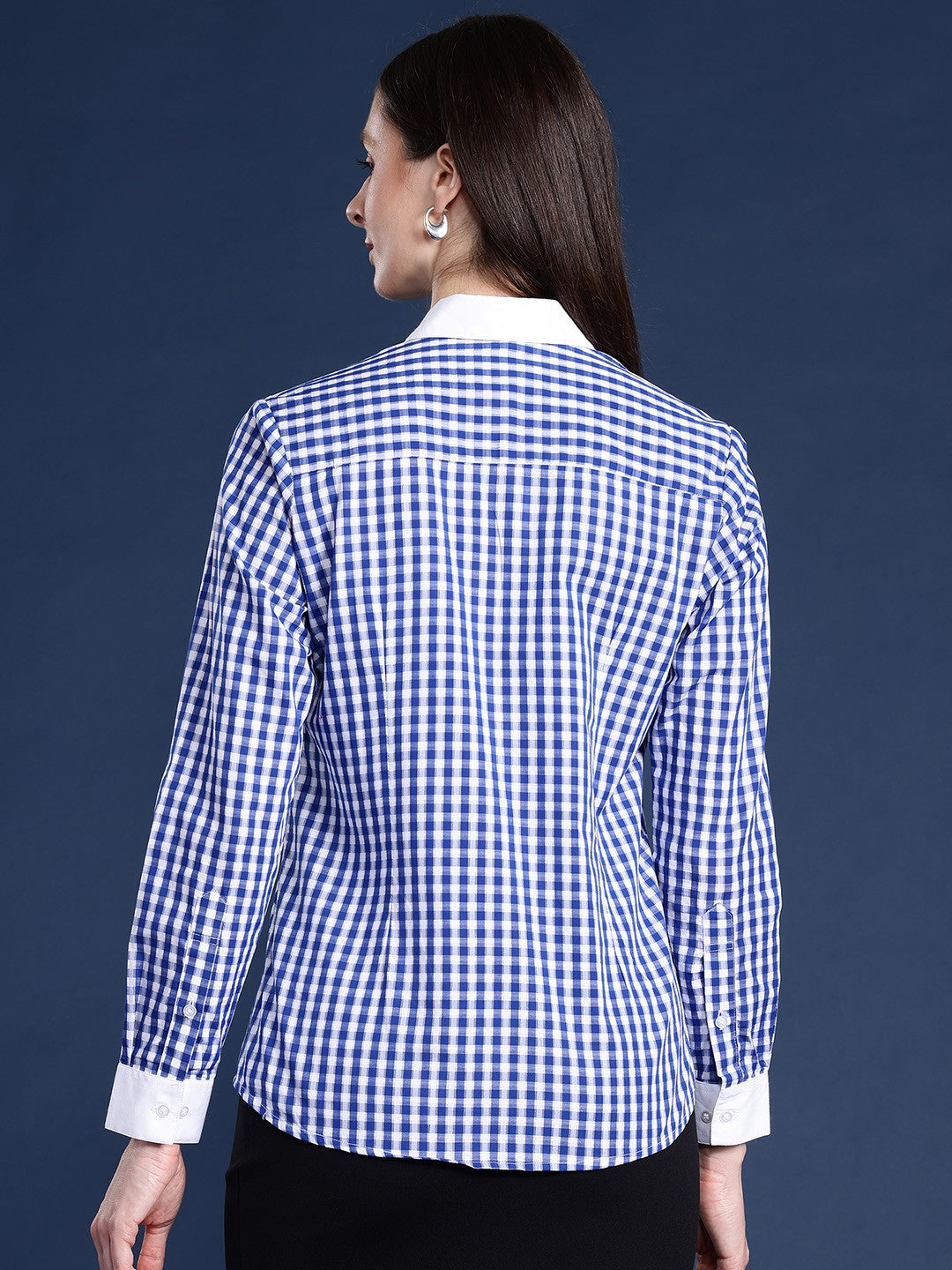 Women White & Blue Gingham Checks Pure Cotton Bankers Formal Shirt