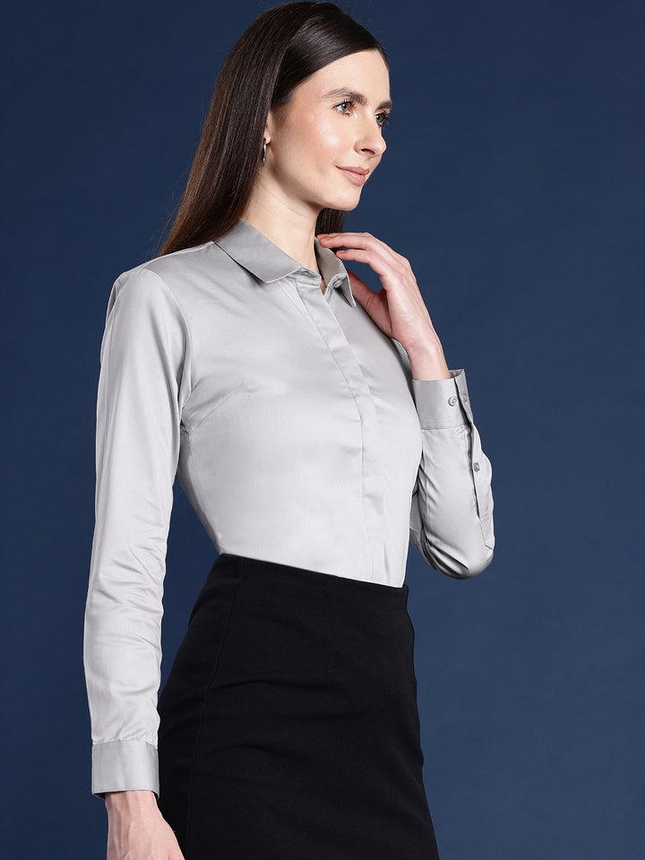 Women Grey Solid Cotton Satin Stretchable Wrinkle Free Formal Shirt