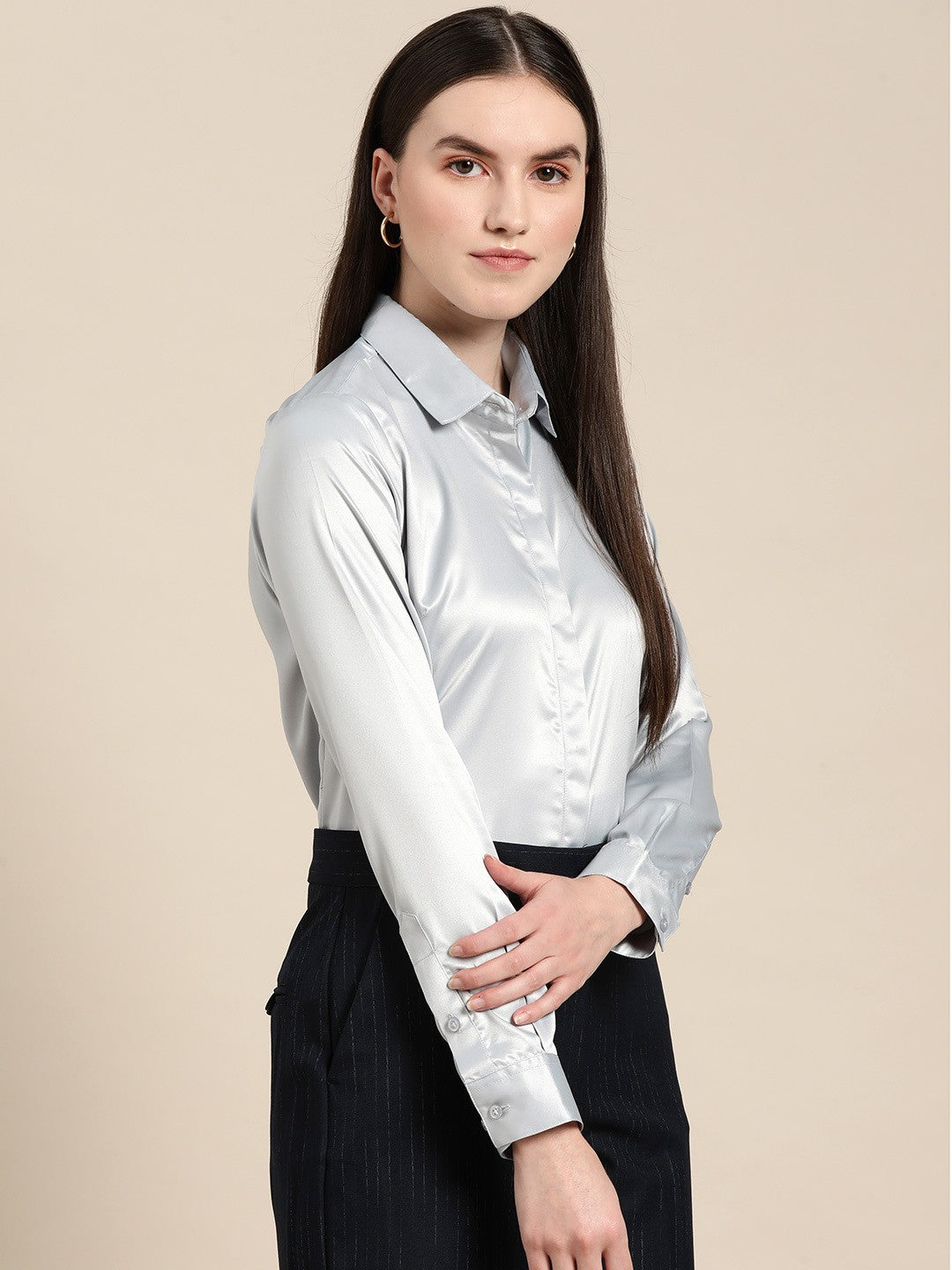 Women Grey Solid Satin Formal Shirt