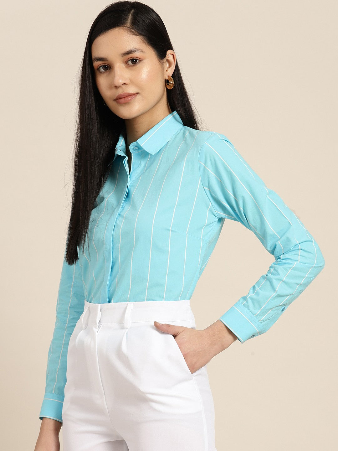 Women Blue Stripes Pure Cotton Formal Shirt