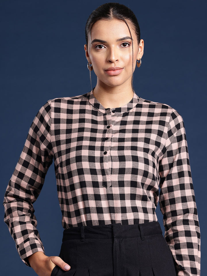 Women Black Twill Checks Pure Cotton Regular Fit Formal Top