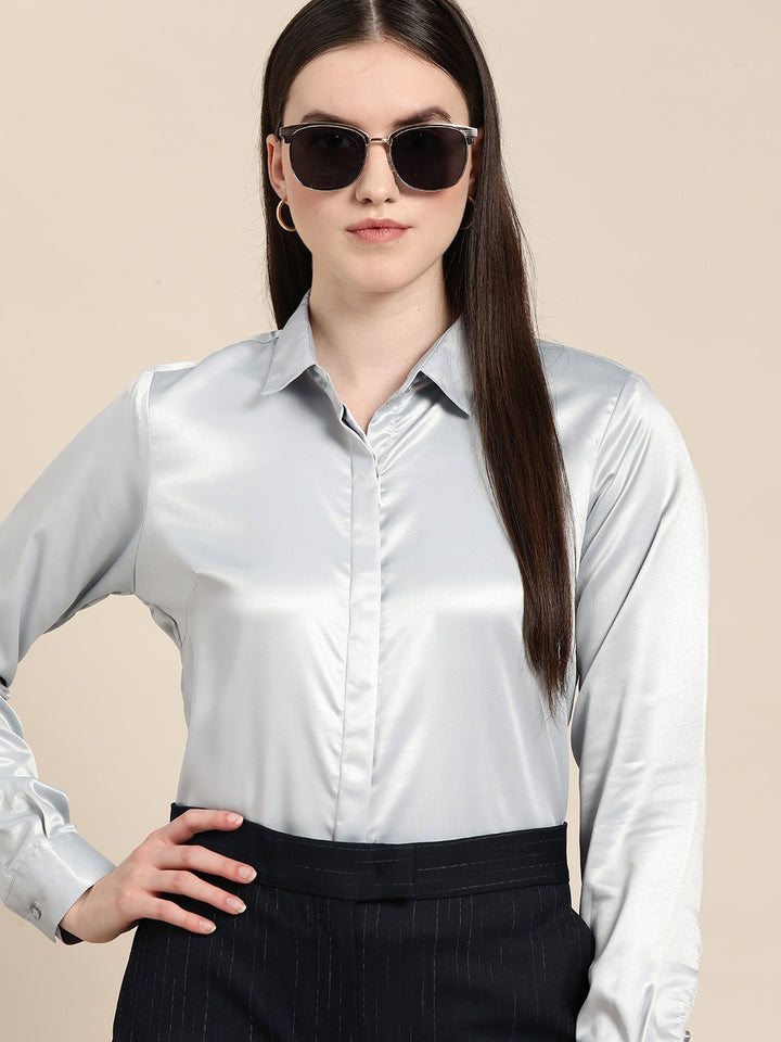 Women Grey Solid Satin Formal Shirt