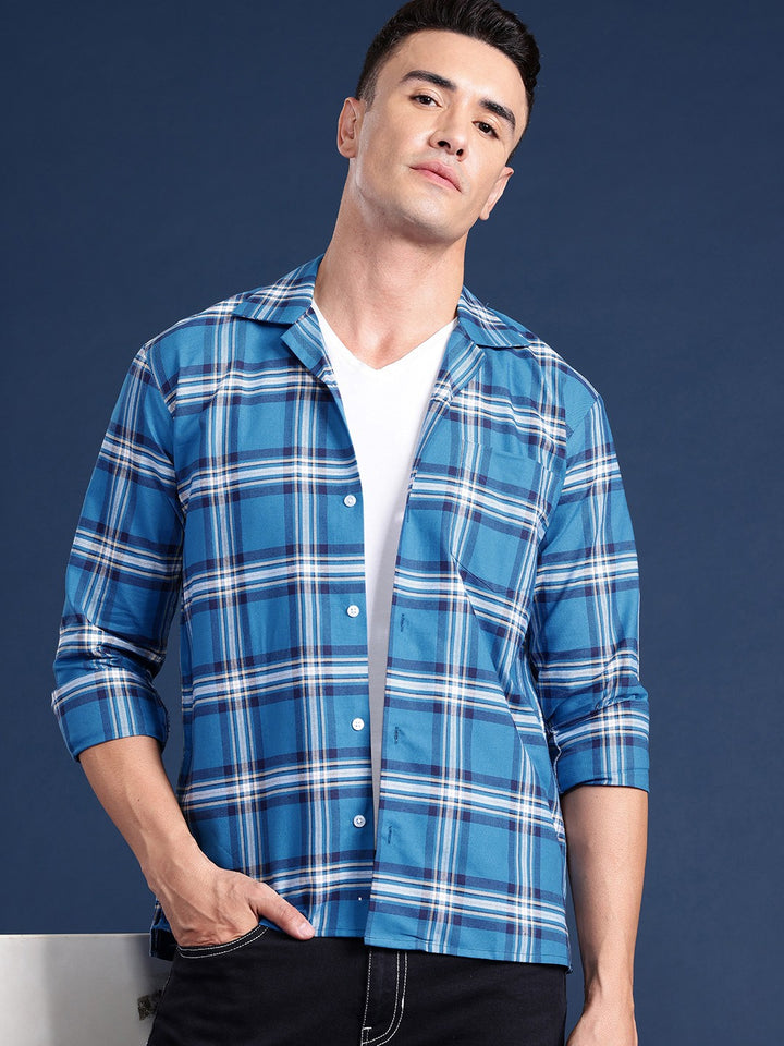 Men Blue Checked Pure Cotton Relaxed Fit Casual Shirt