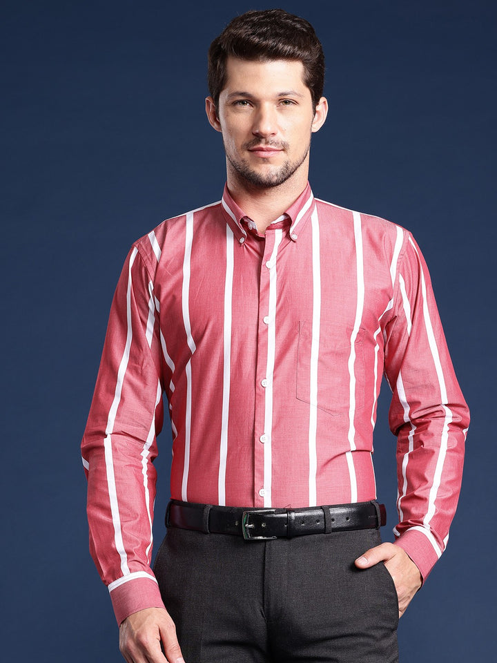 Men White Striped Pure Cotton Slim Fit Formal Shirt