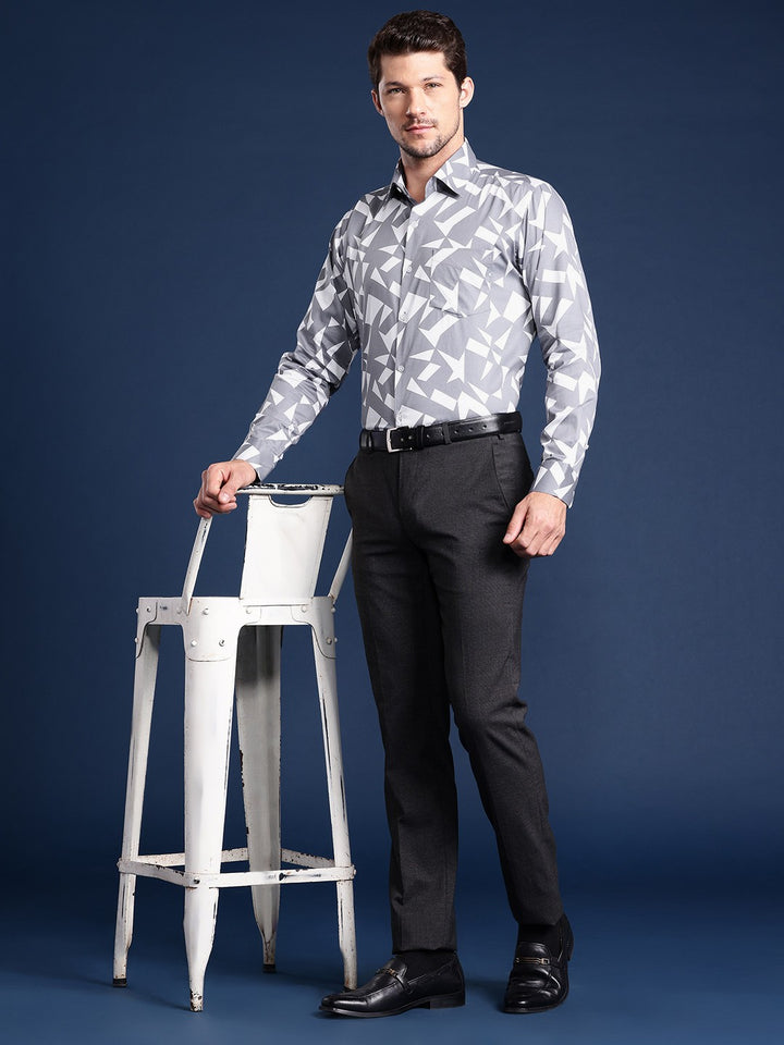 Men White & Grey Printed Cotton Satin Slim Fit Formal Shirt