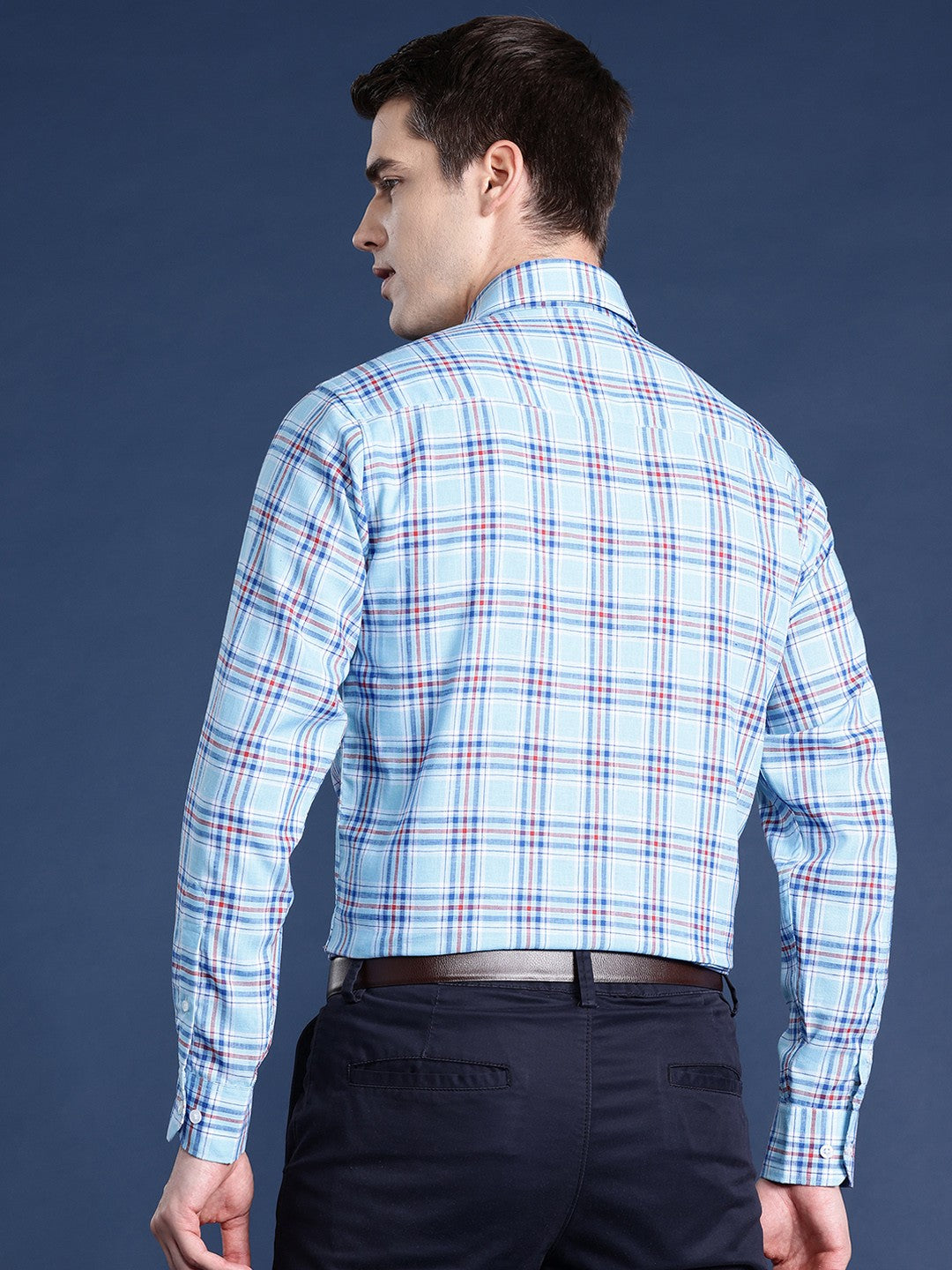 Men Blue Checked Pure Cotton Slim Fit Formal Shirt