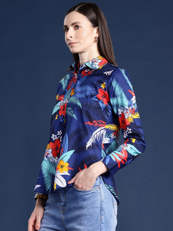 Women Navy Blue & Multi Print Pure Cotton Boyfriend Fit Casual Shirt