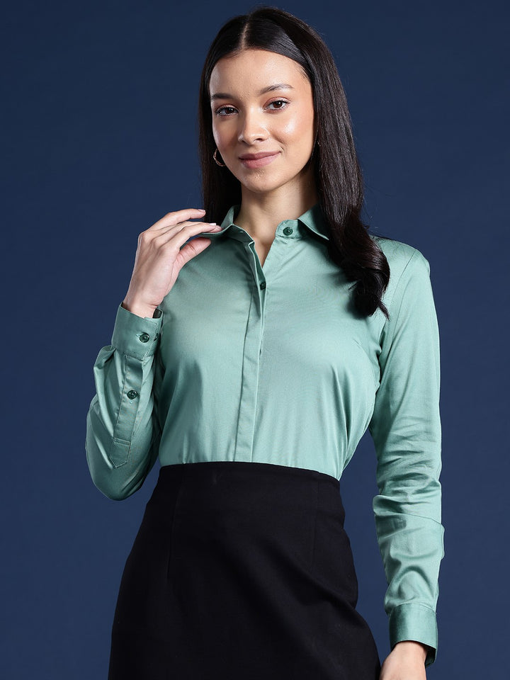 Women Green Solid Cotton Satin Stretchable Wrinkle Free Formal Shirt