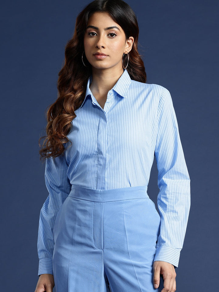 Women Blue Stripes Pure Cotton Formal Shirt