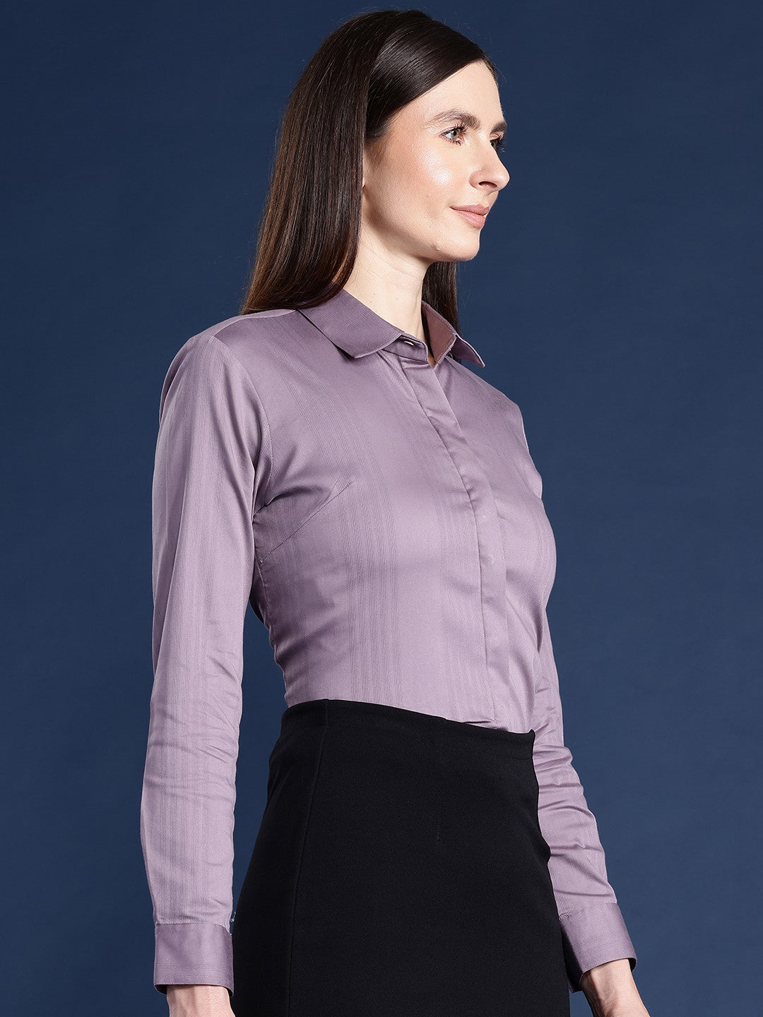 Women Purple Solid Self Design, Pure Cotton Stretchable Wrinkle Free Formal Shirt