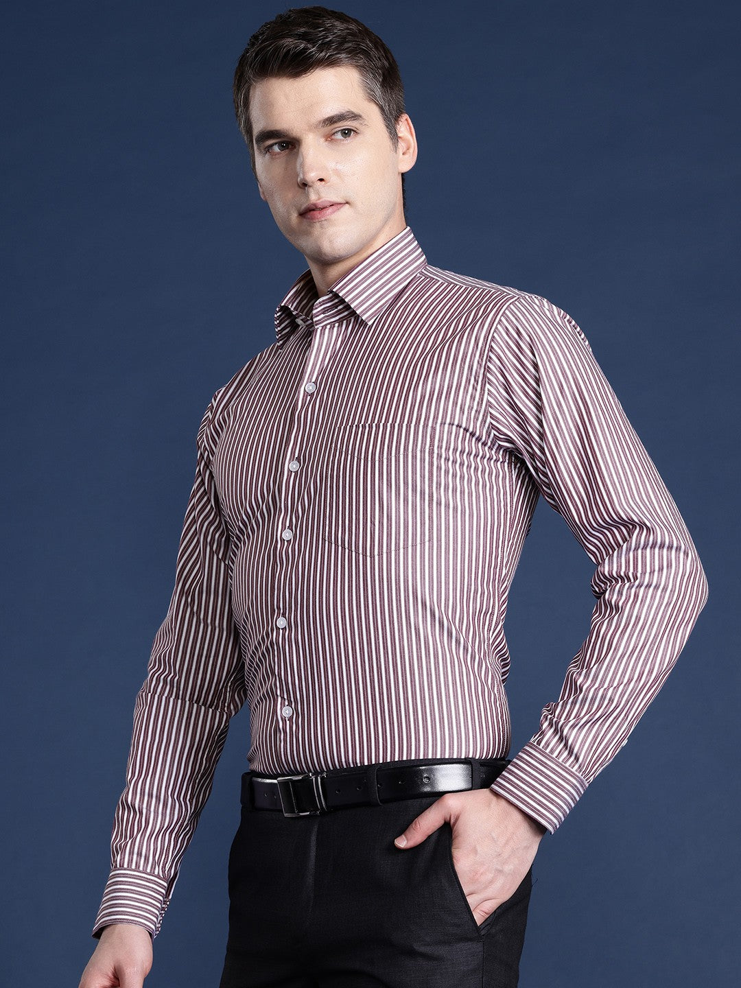 Men Wine Striped Pure Cotton Slim Fit Formal Shirt