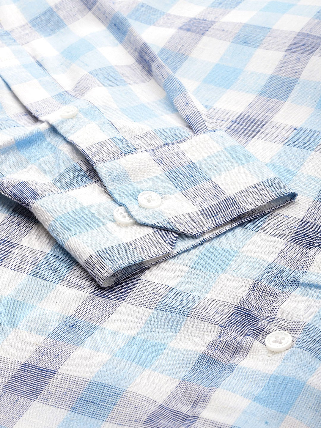 Men White & Blue Checked Pure Linen Cotton Slim Fit Formal Shirt