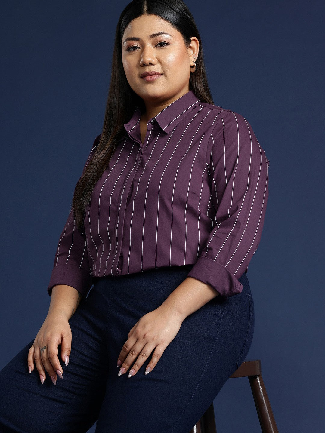 Women Wine Stripes Pure Cotton Plus Size Formal Shirt