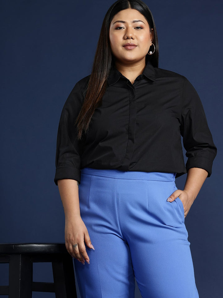 Women Black Solid Pure Cotton Plus Size Formal Shirt