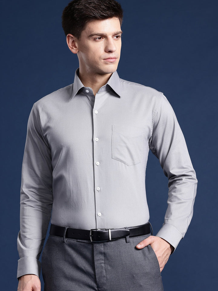 Men Grey Solid Pure Cotton Slim Fit Formal Shirt