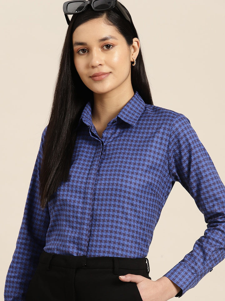 Women Blue Checks Pure Cotton Formal Shirt