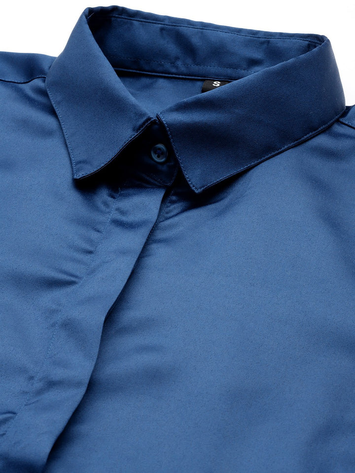 Women Blue Solid Satin Formal Shirt