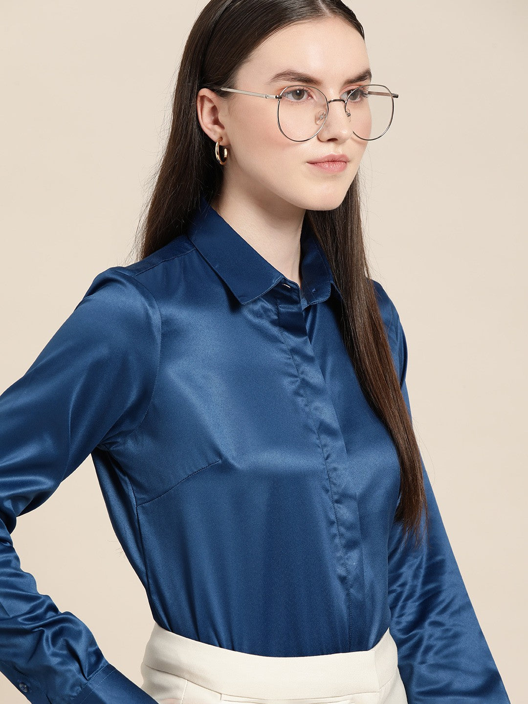 Women Blue Solid Satin Formal Shirt