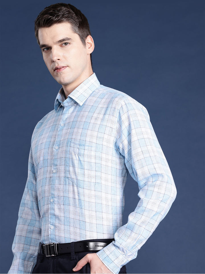 Men Blue Checked Pure Linen Cotton Slim Fit Formal Shirt