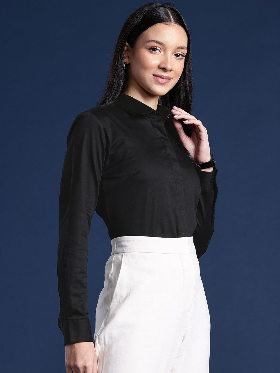 Women Black Solid Cotton Satin Stretchable Wrinkle Free Formal Shirt