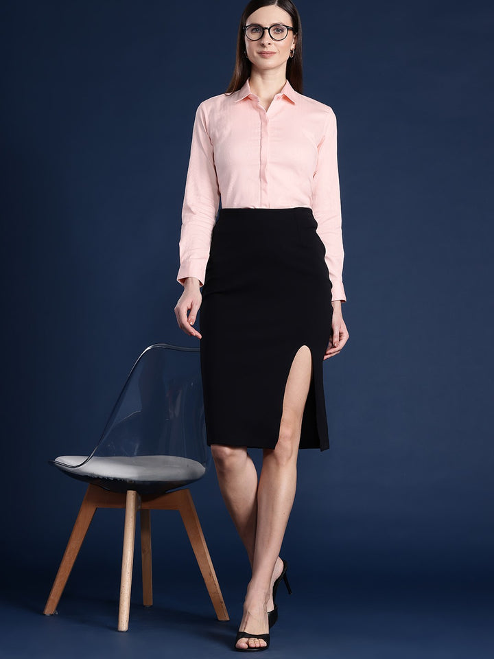 Women Peach Solid Self Design, Pure Cotton Stretchable Wrinkle Free Formal Shirt