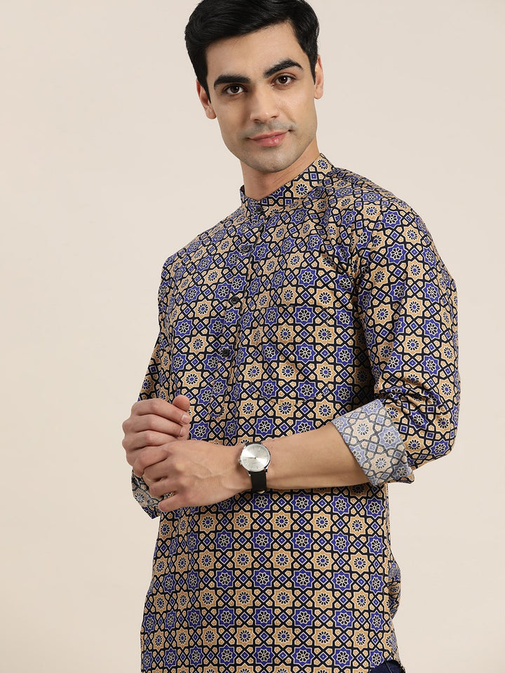 Men Blue & Beige Floral Pinted Pure Cotton Regular Fit Casual Kurta