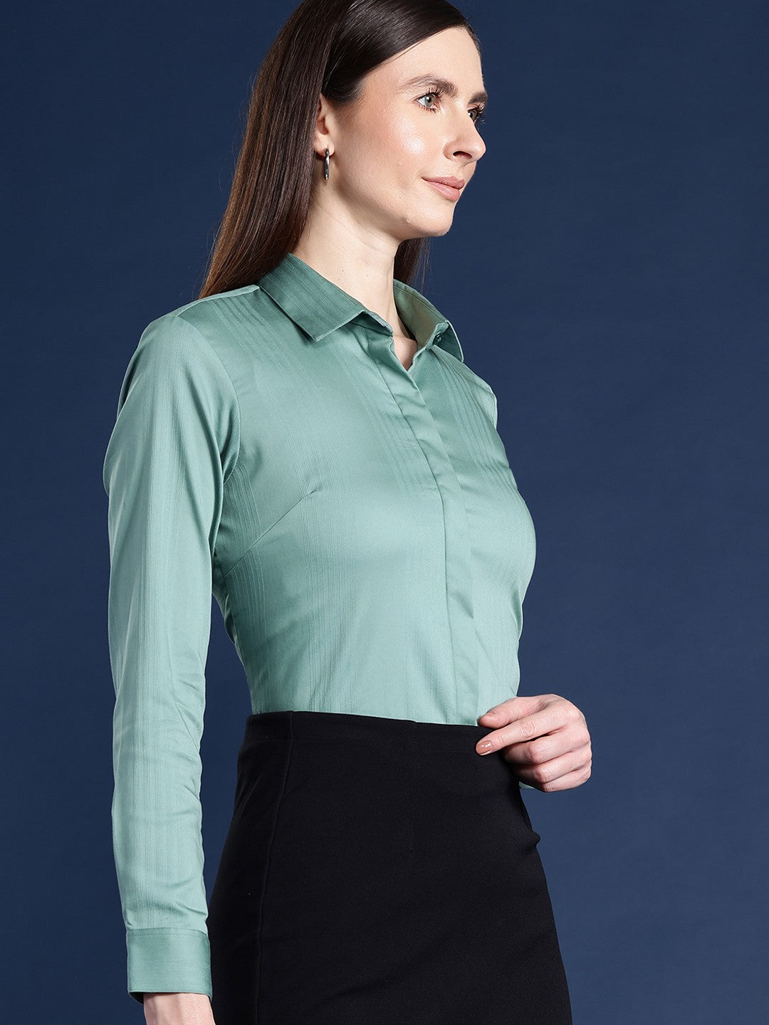 Women Green Solid Self Design, Pure Cotton Stretchable Wrinkle Free Formal Shirt