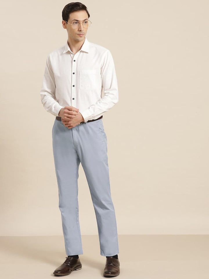 Men Blue Solid Pure Cotton Slim Fit Formal Trouser