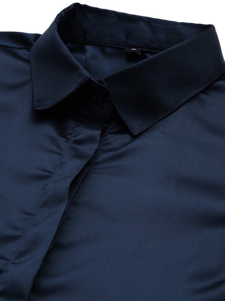 Women Navy Blue Solid Satin Formal Shirt