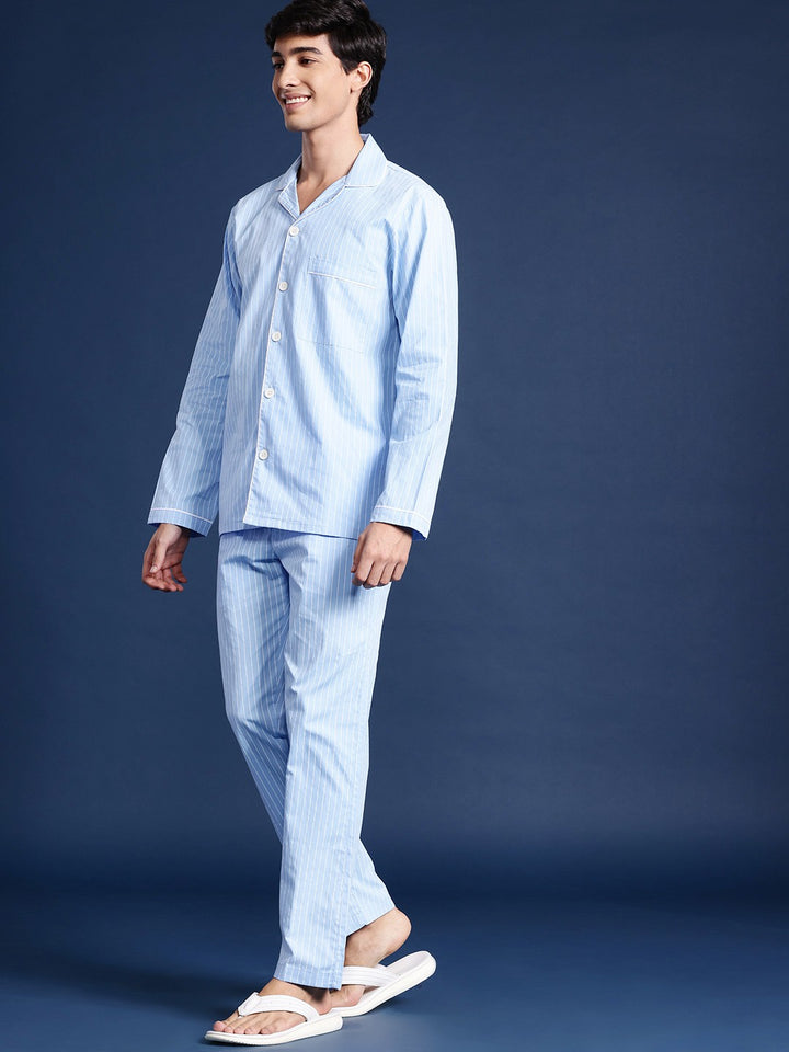 Men Blue & White Striped Pure Cotton Relaxed Fit Casual Night Suit