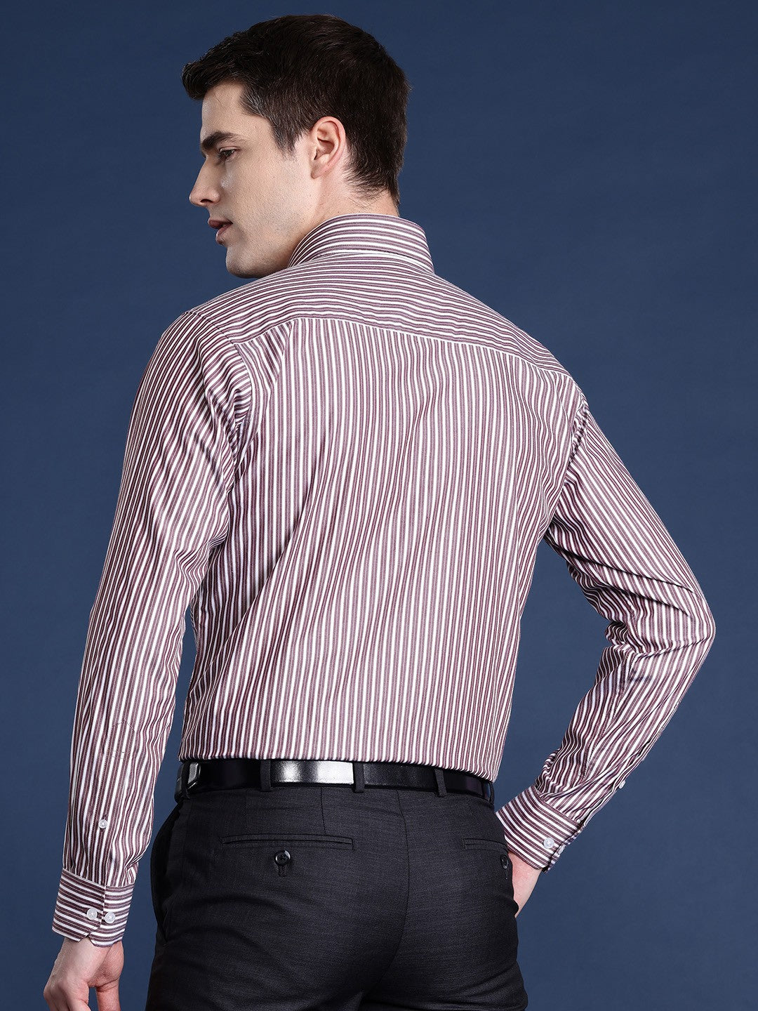 Men Wine Striped Pure Cotton Slim Fit Formal Shirt