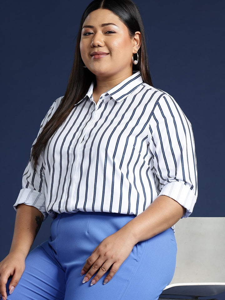 Women White & Navy Blue Nautical Stripes Pure Cotton Plus Size Formal Shirt