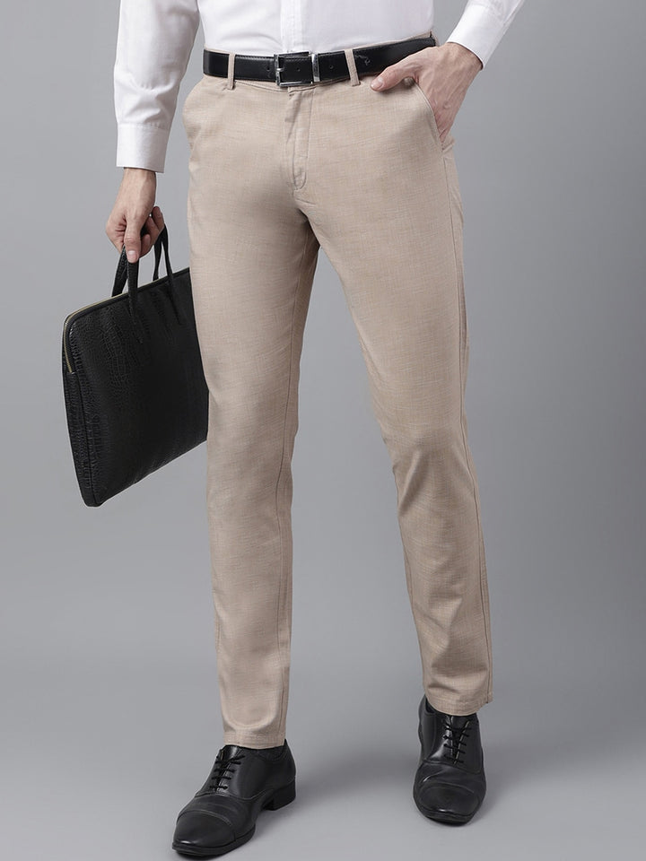 Men Beige Solid Cotton Elastane Slim Fit Formal Trouser