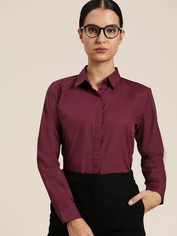 Women Wine Solid Pure Cotton Plus Size Formal Shirt