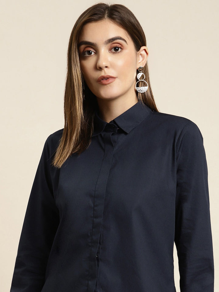 Women Navy Blue Solid Pure Cotton Plus Size Formal Shirt