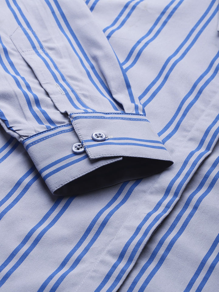 Women Grey & Blue Stripes Pure Cotton Formal Shirt