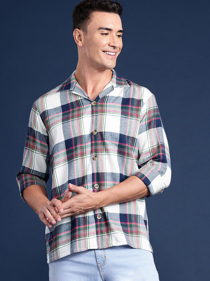 Men Beige Checked Pure Cotton Relaxed Fit Casual Shirt