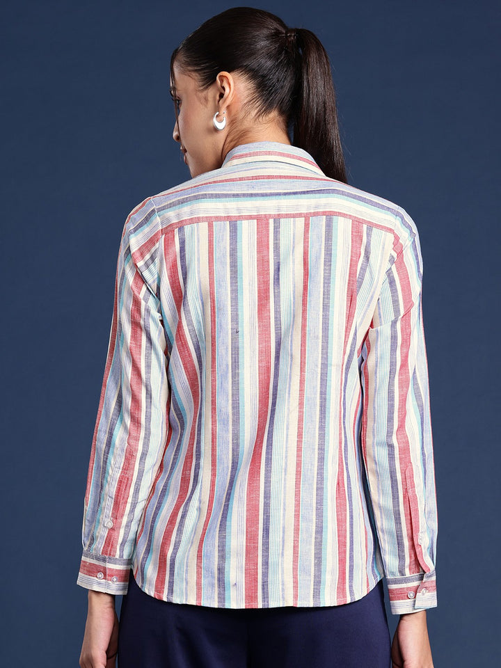 Women White Stripes Linen Formal Shirt