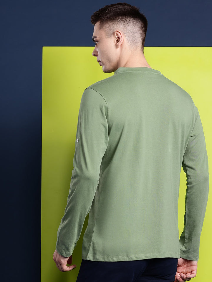 Men Olive Solid Pure Cotton Relaxed Fit Henley T-Shirt