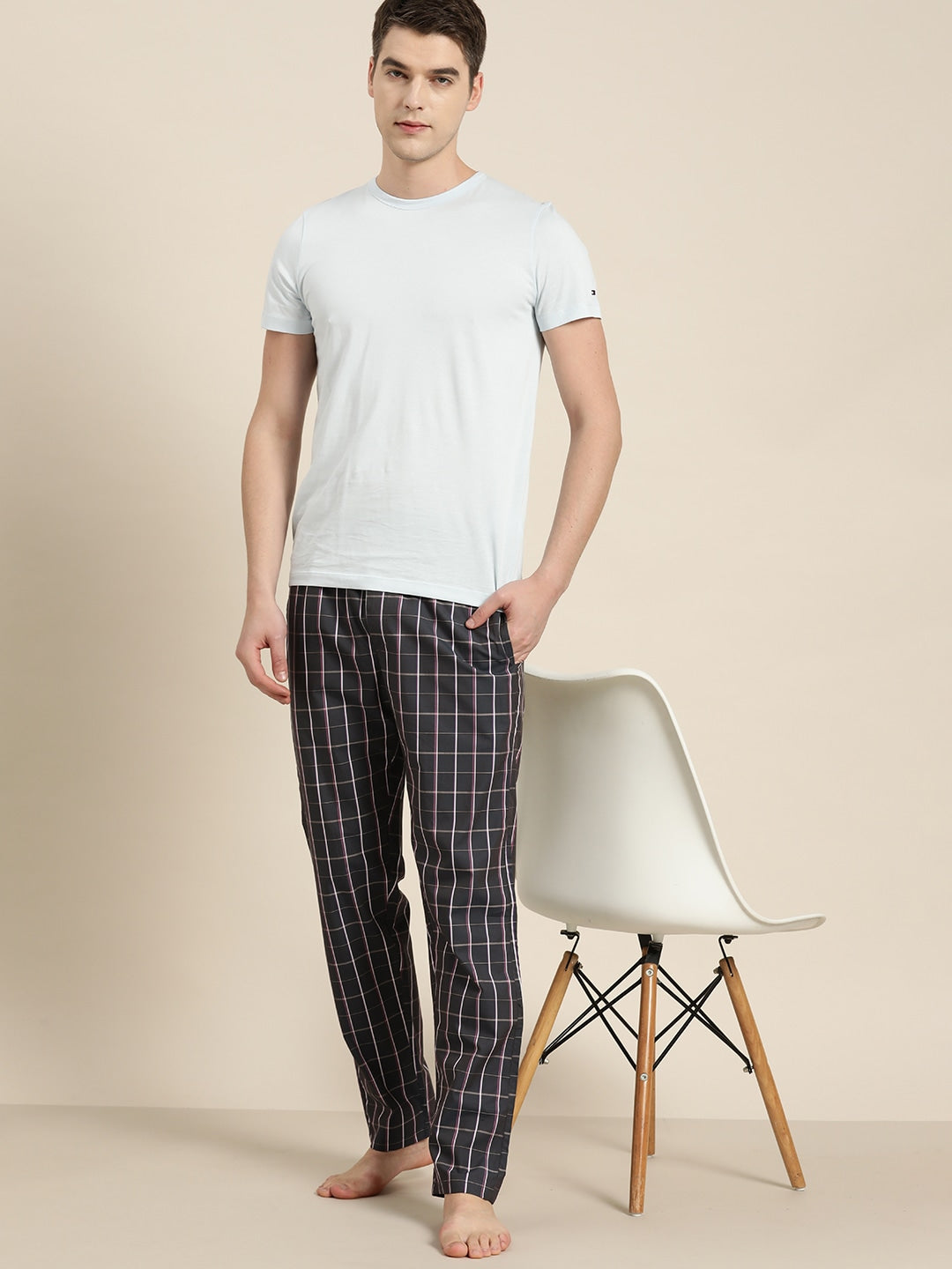 Men Grey Checked Cotton Regular Fit Lounge Pant