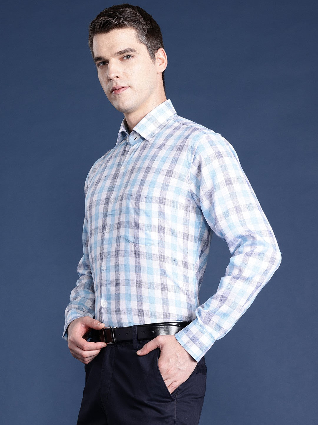 Men White & Blue Checked Pure Linen Cotton Slim Fit Formal Shirt