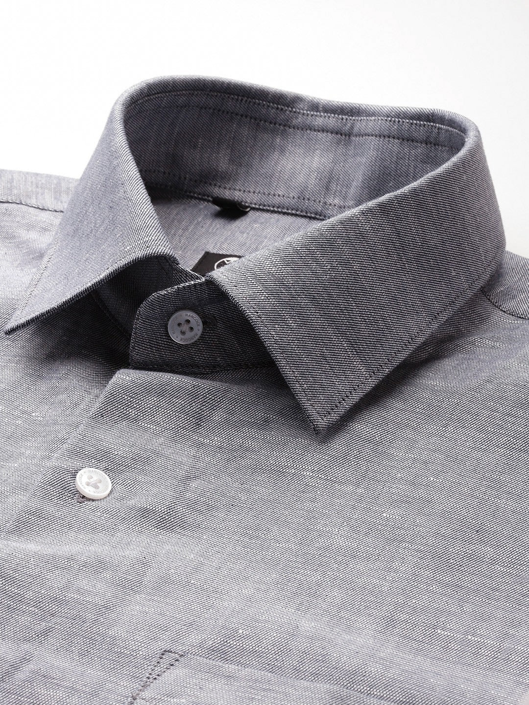 Men Grey Solid Pure Linen Slim Fit Formal Shirt