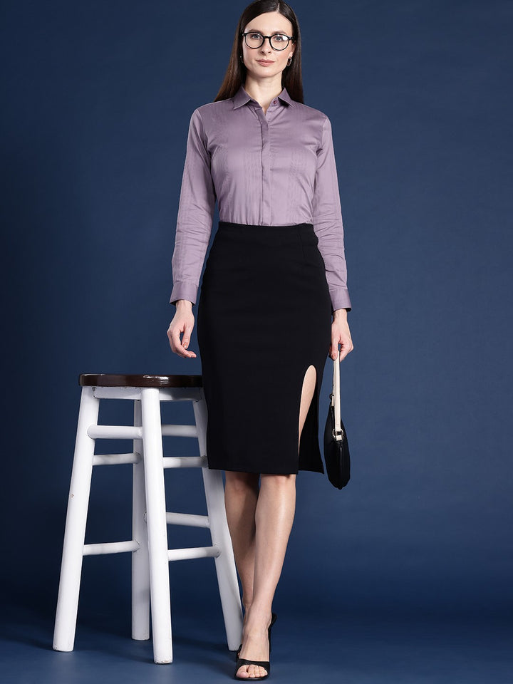 Women Purple Solid Self Design, Pure Cotton Stretchable Wrinkle Free Formal Shirt