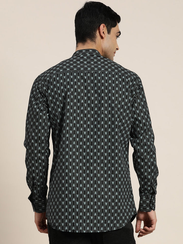 Men Black & Blue Geometric Print Pure Cotton Regular Fit Casual Kurta