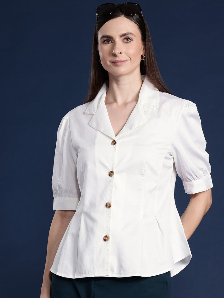 Women Cream Solid Pure Cotton Satin Pleated Formal Shirt