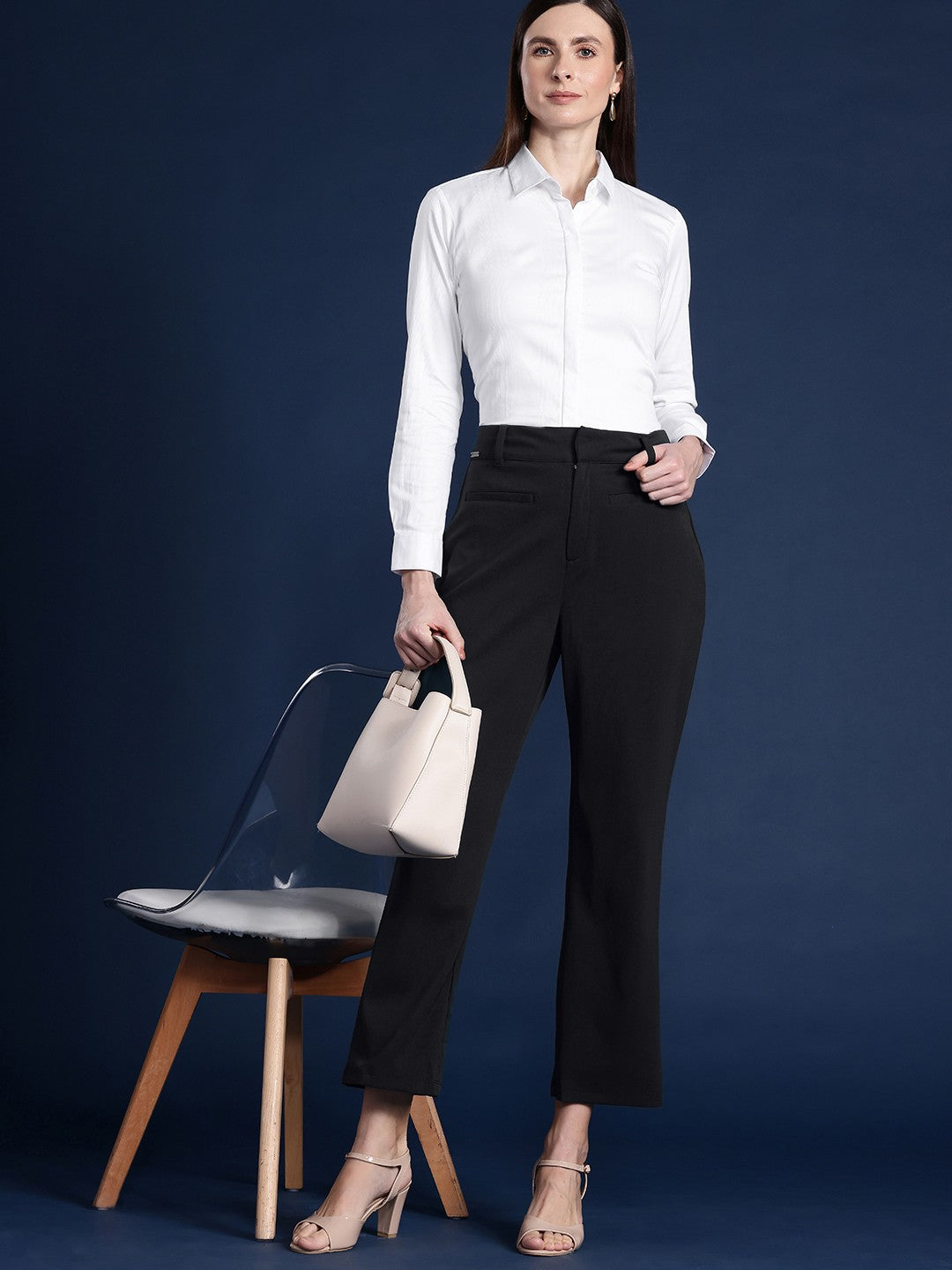 Women White Solid Self Design, Pure Cotton Stretchable Wrinkle Free Formal Shirt