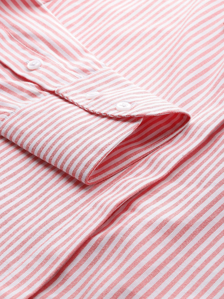 Women White & Coral Stripes Pure Cotton Boyfriend Fit Formal Shirt