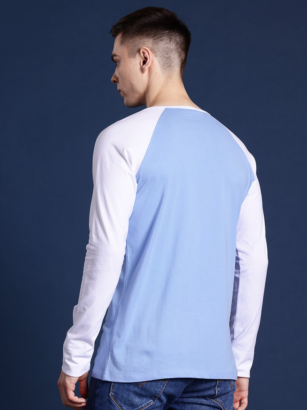 Men Blue & White Solid Pure Cotton Slim Fit Henley T-Shirt