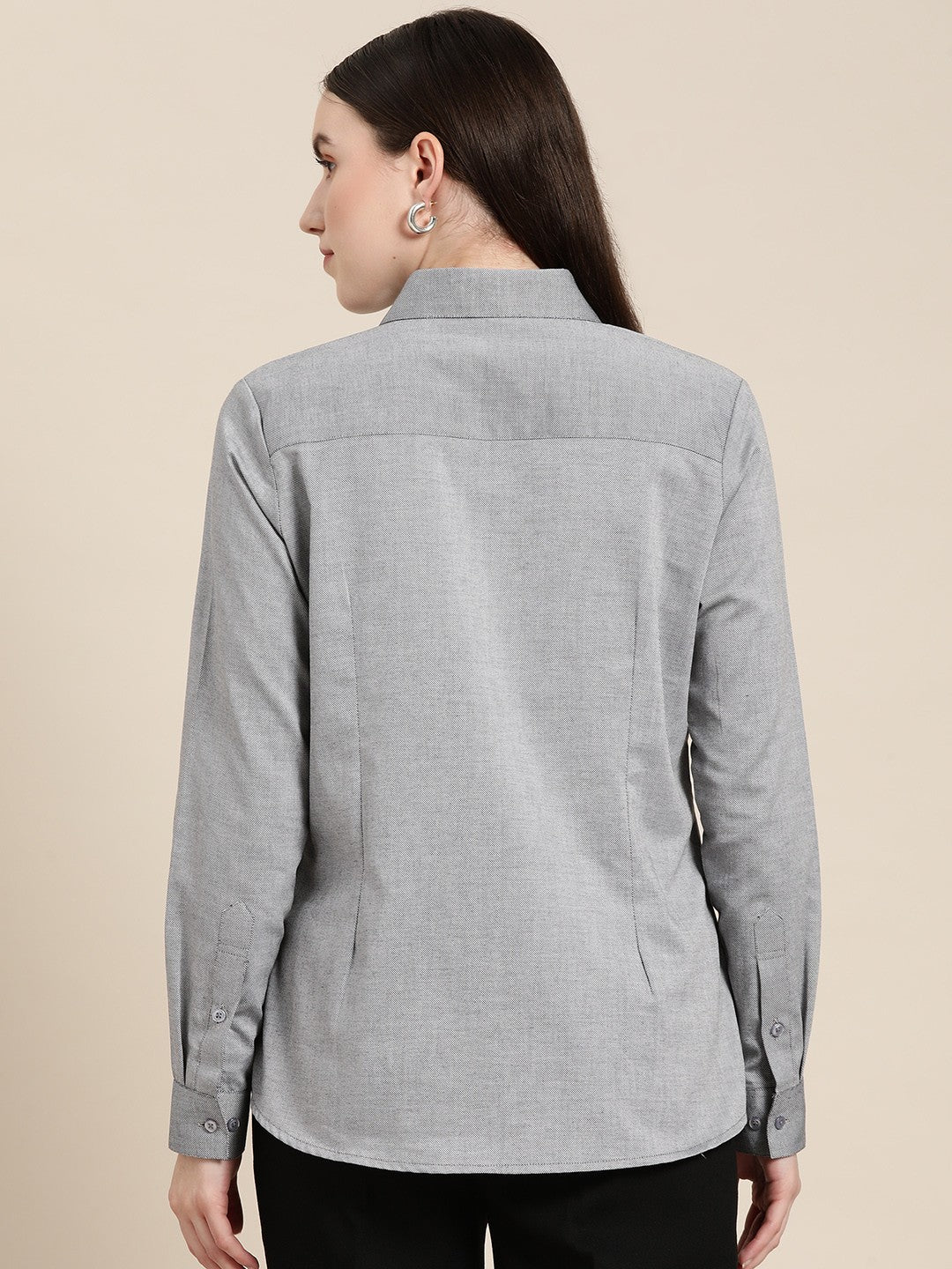 Women Grey Solid Self Design Pure Cotton Formal Shirt