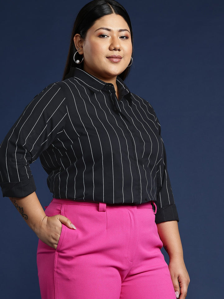 Women Black Stripes Pure Cotton Plus Size Formal Shirt